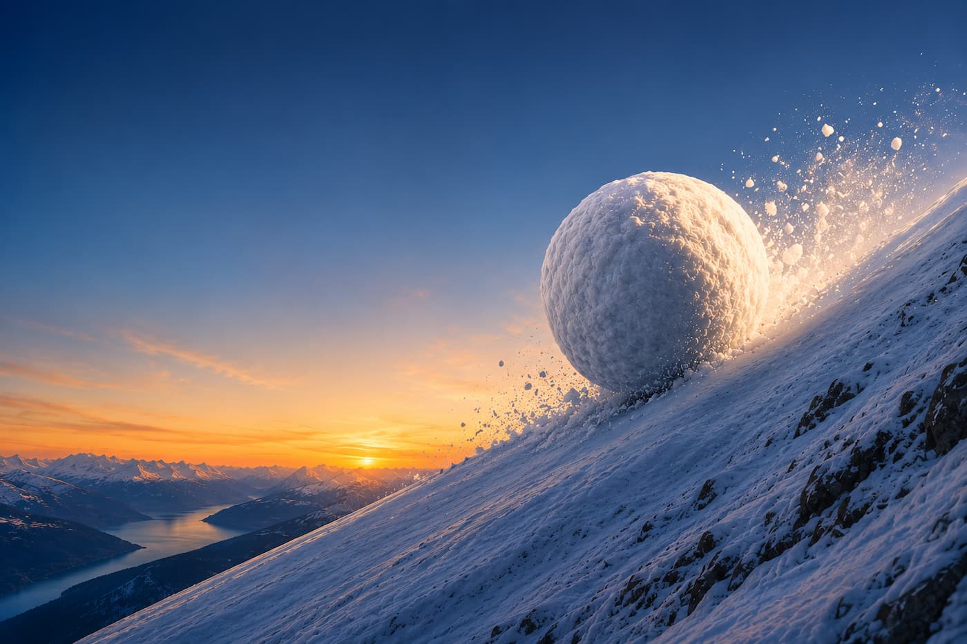 Snowball Group hero image showing Snowball Momentum as a glowing snowball rolling down an alpine mountain slope at sunset